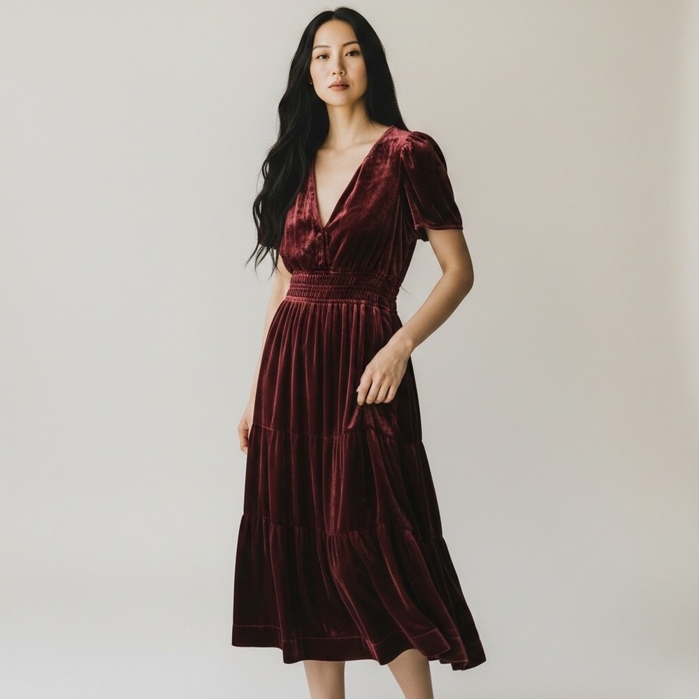 Anthropologie Velvet Midi Dress Women SP Wine Smocked Tiered V-Neck